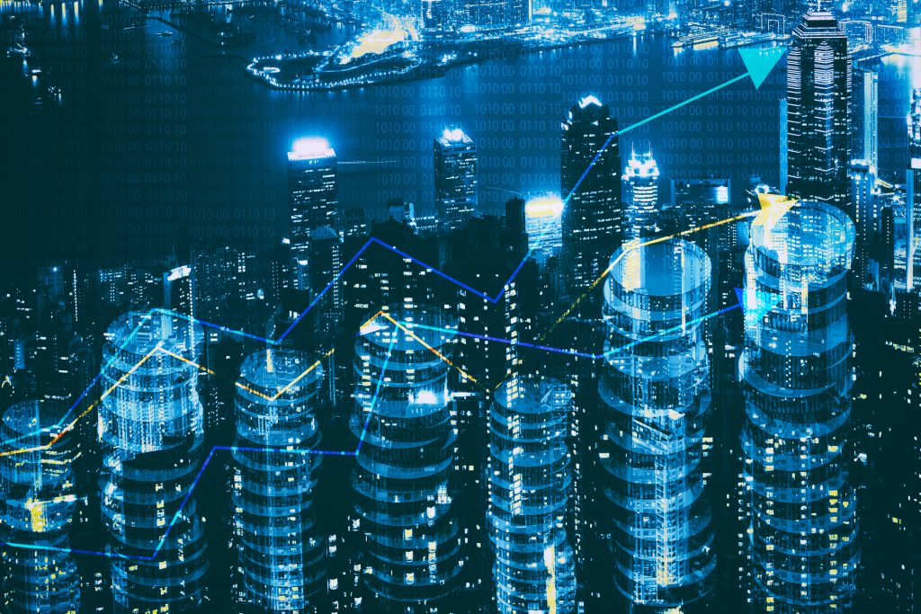 Double exposure of city and graph on rows of coins for finance and banking concept, Coins Stacked like a City Skyline هزینه صدور مجوز افزایش مشارکت در سرمایه گذاری